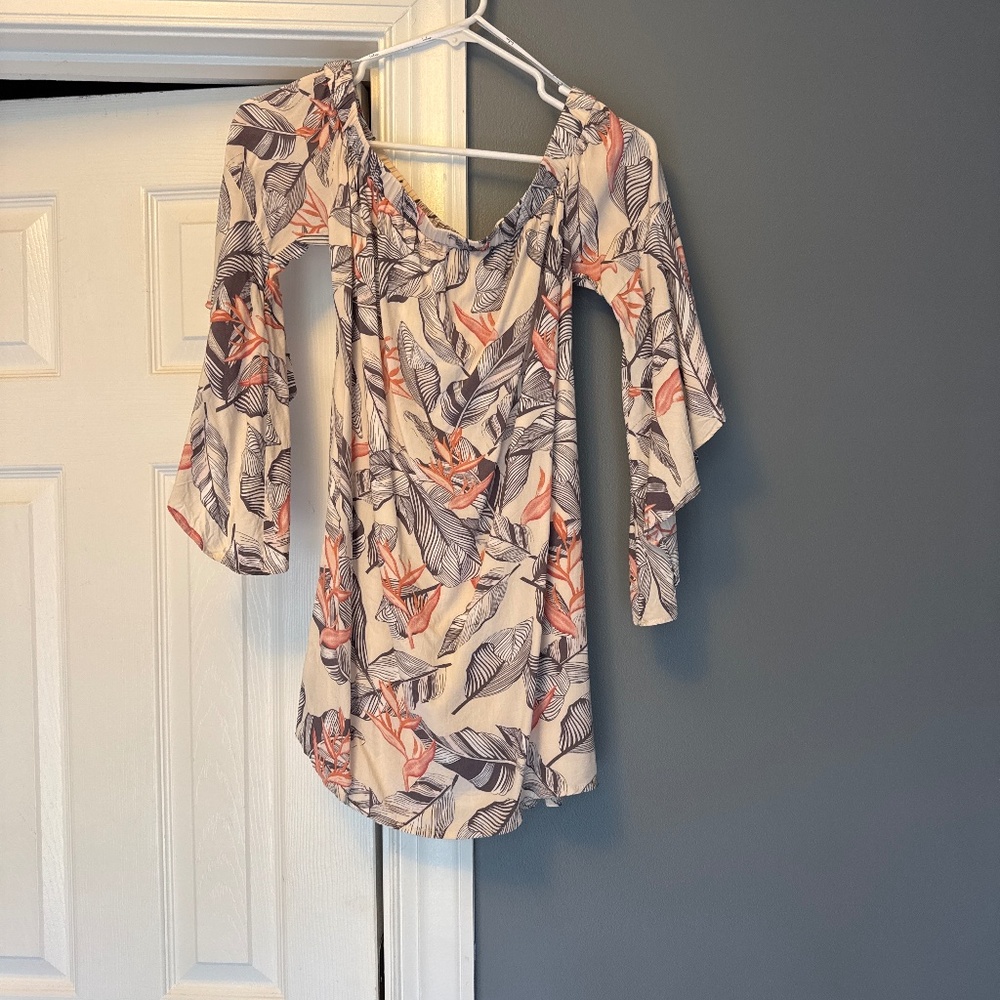 Lulus open back off shoulder printed mini dress